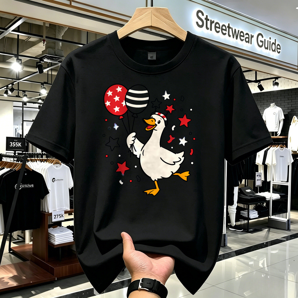 Kaos Distro T Shirt Unisex Kaos Lengan Pendek Motif Bebek Lucu Membawa Balon Bintang Gaya American S