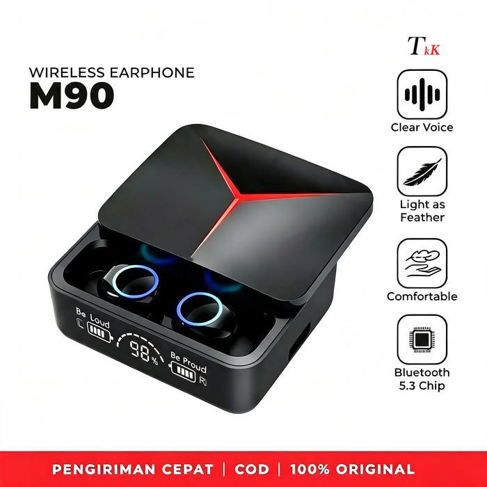 [COD] Earphone Bluetooth M90 TWS Gaming Pro Bluetooth 5.3 ENC Powerbank 1200mAh LED Display Hitam Ba