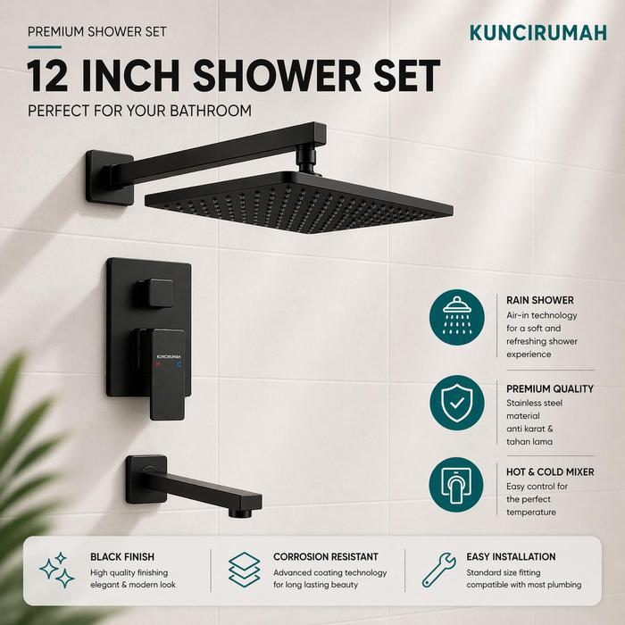 Ready Wall shower set hitam 12 inch kuningan / Kran tanam shower tembok - HITAM