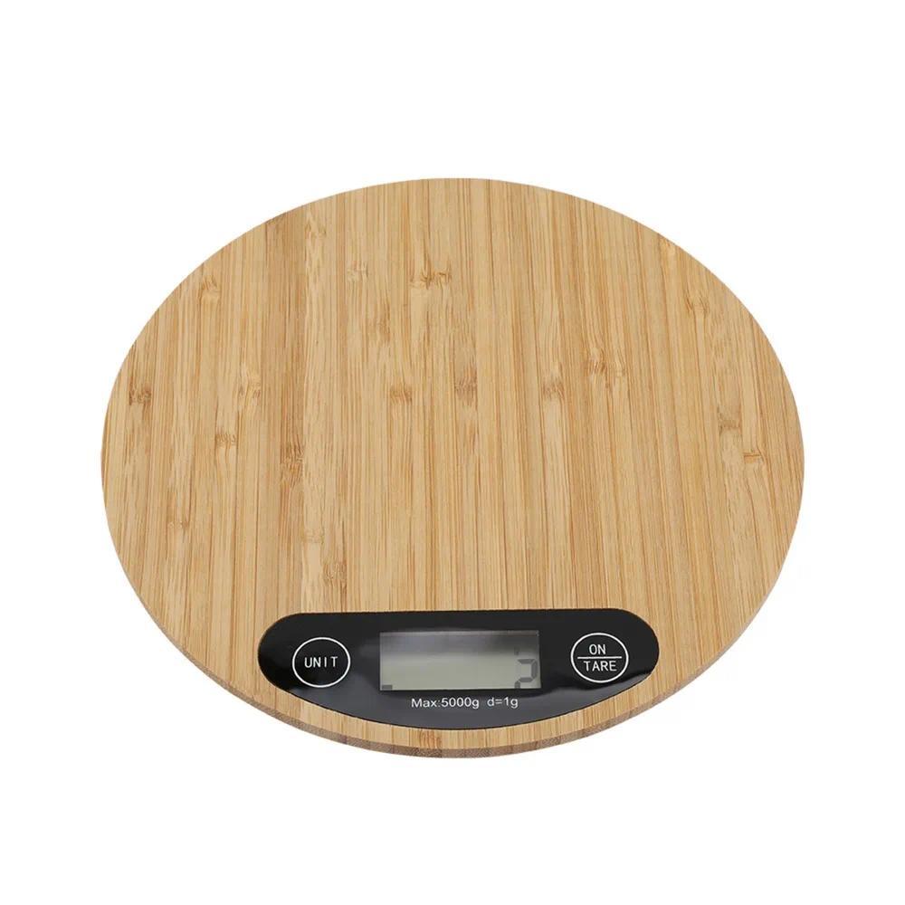 Wood ABS Digital Kitchen Scale Round LCD Display Electric Kitchen Scale Brown Tare Function Kitchen 
