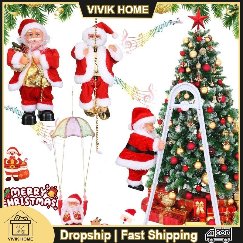 Mainan Santa Claus Dekorasi Natal Boneka Santa Natal Gerak Elektrik Lampu Musik Joged Memanjat Tali 