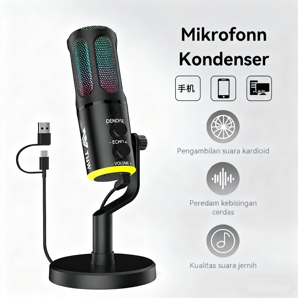 K18 Mikrofon Kondensor USB Type-C dengan RGB Dynamic untuk PC Laptop Live Streaming Gaming Recording
