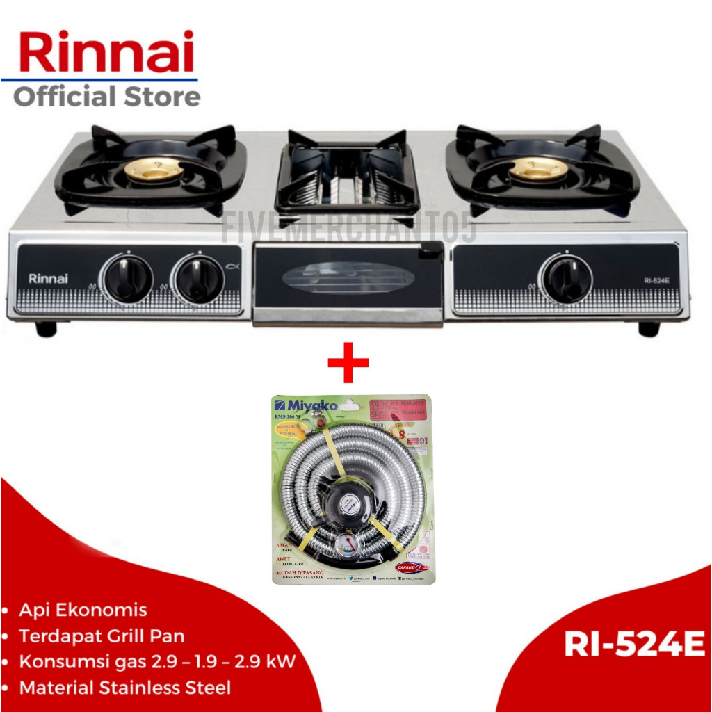 Kompor Gas 3 Tungku Rinnai RI 524 E Kompor Stainless Panggangan Rinnai 524 Kompor Panggang Rinnai RI