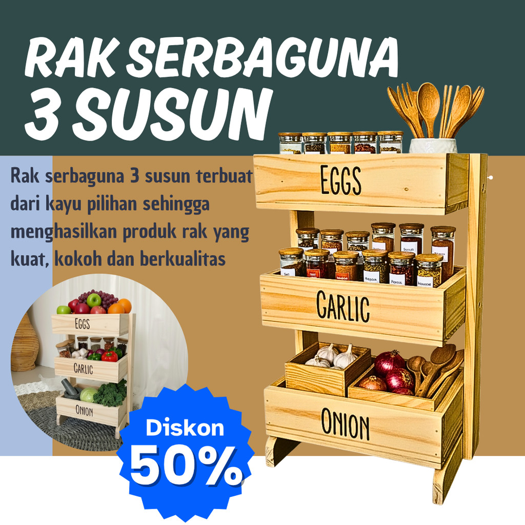 RAK BUMBU SAYUR 3 SUSUN BAHAN KAYU JATI BELANDA