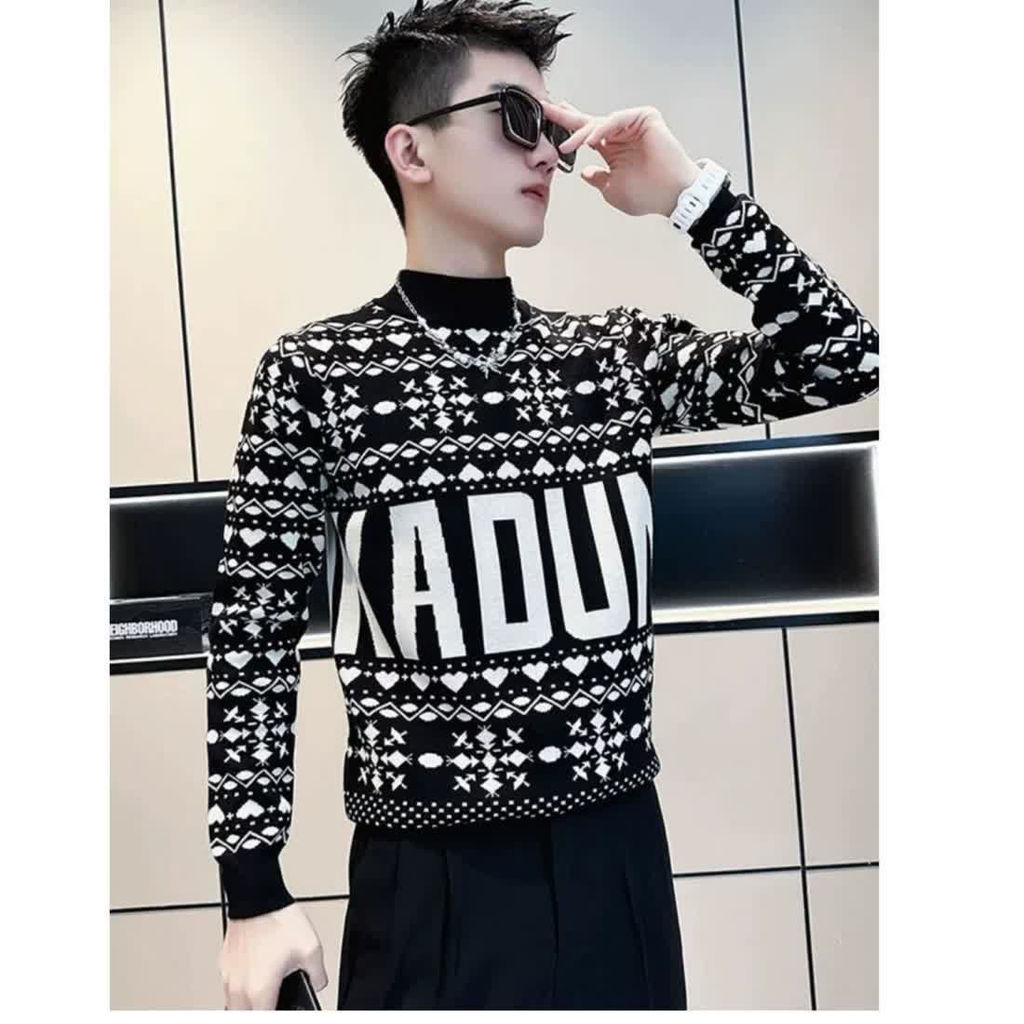 Sweater pria, knit, kerah setengah tinggi, bottom, kerah setengah tinggi