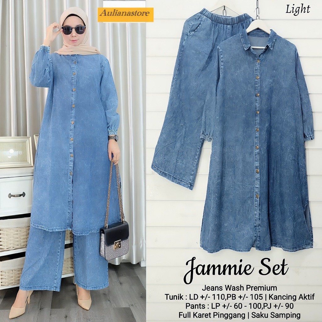 One Set Jeans Jumbo Jammie Set Long Jeans Wash Premium/Baju Setelan Wanita Tunik Top Celana Kulot