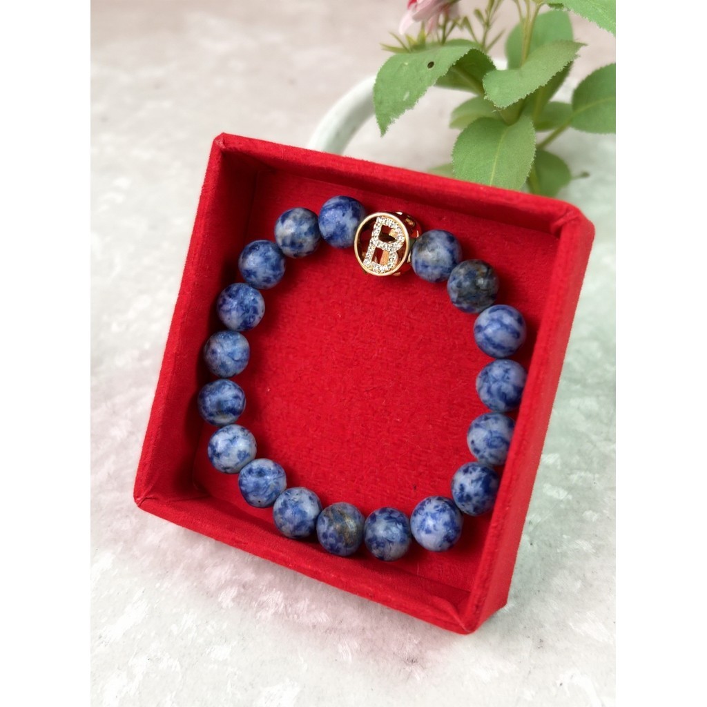 Gelang Batu Giok Biru Tua / Gelang Inisial Elegan Pria Wanita / Adjustable Bracelet