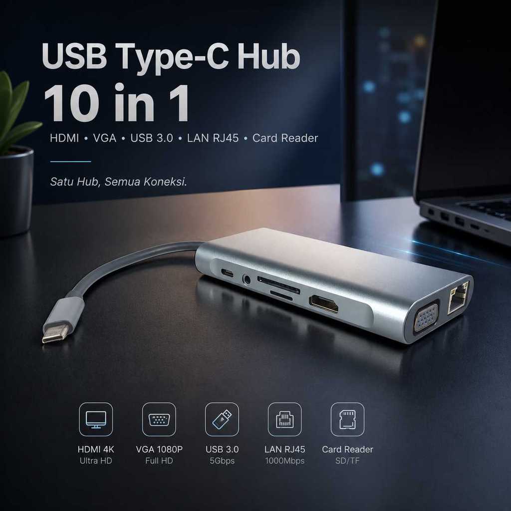 EASYIDEA USB Type C Hub 10 in 1 HDMI VGA USB 3.0 LAN RJ45 Card Reader - VD76