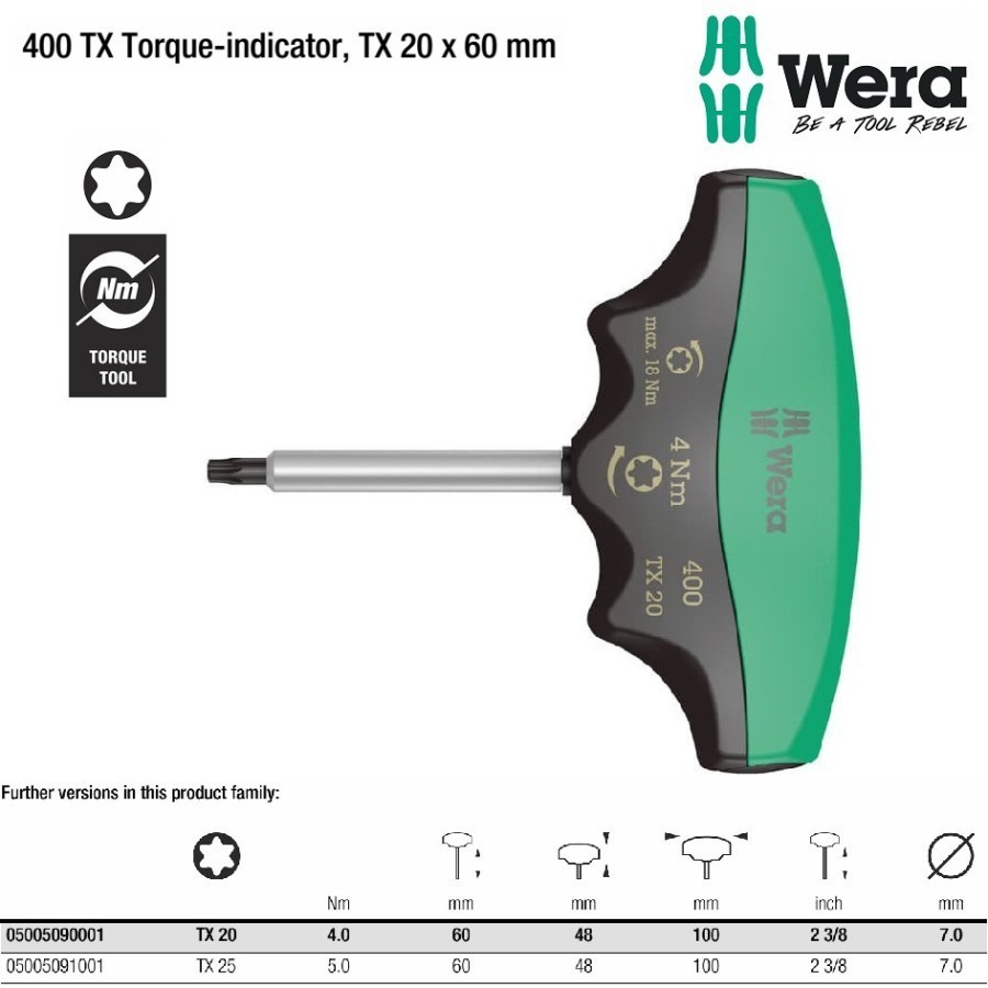 WERA 05005090001 Kunci Torsi T Bintang TX 20 * 60 mm 4 - 18 Nm Torque Indicator TX20 x 60mm 4-18Nm