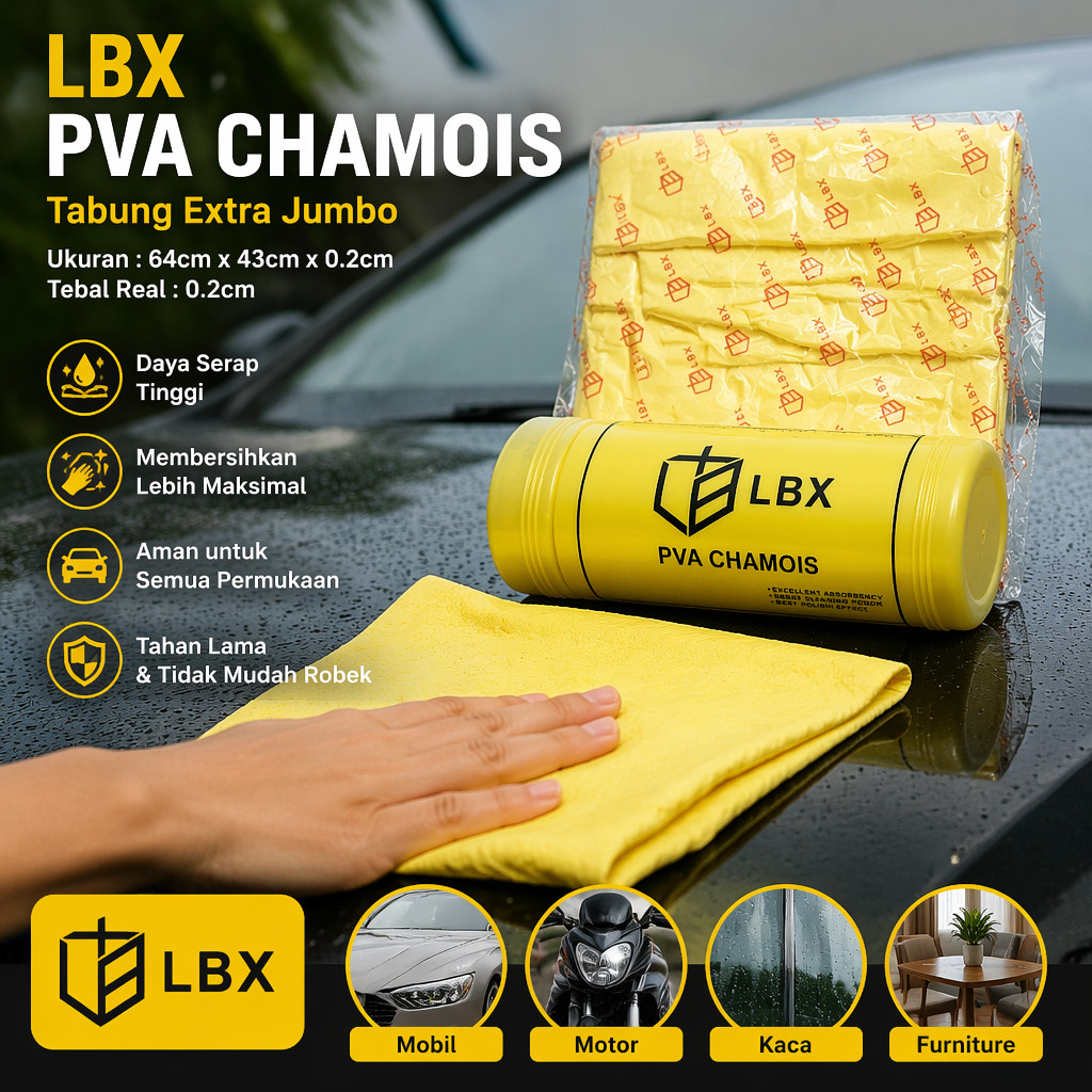 LBX Kain Lap Plas Chamois PVA Premium Kanebo Extra jumbo 64 Besar Berserat Free Tabung Penyimpanan Kuning Body Mobil Motor Dapur Meja Kantor Handuk Perabotan Rumah Tangga Ukuran 64 x 43 CM 64X43x0.2CM Tebal 2MM Daya Serap Tinggi Original LBX embos
