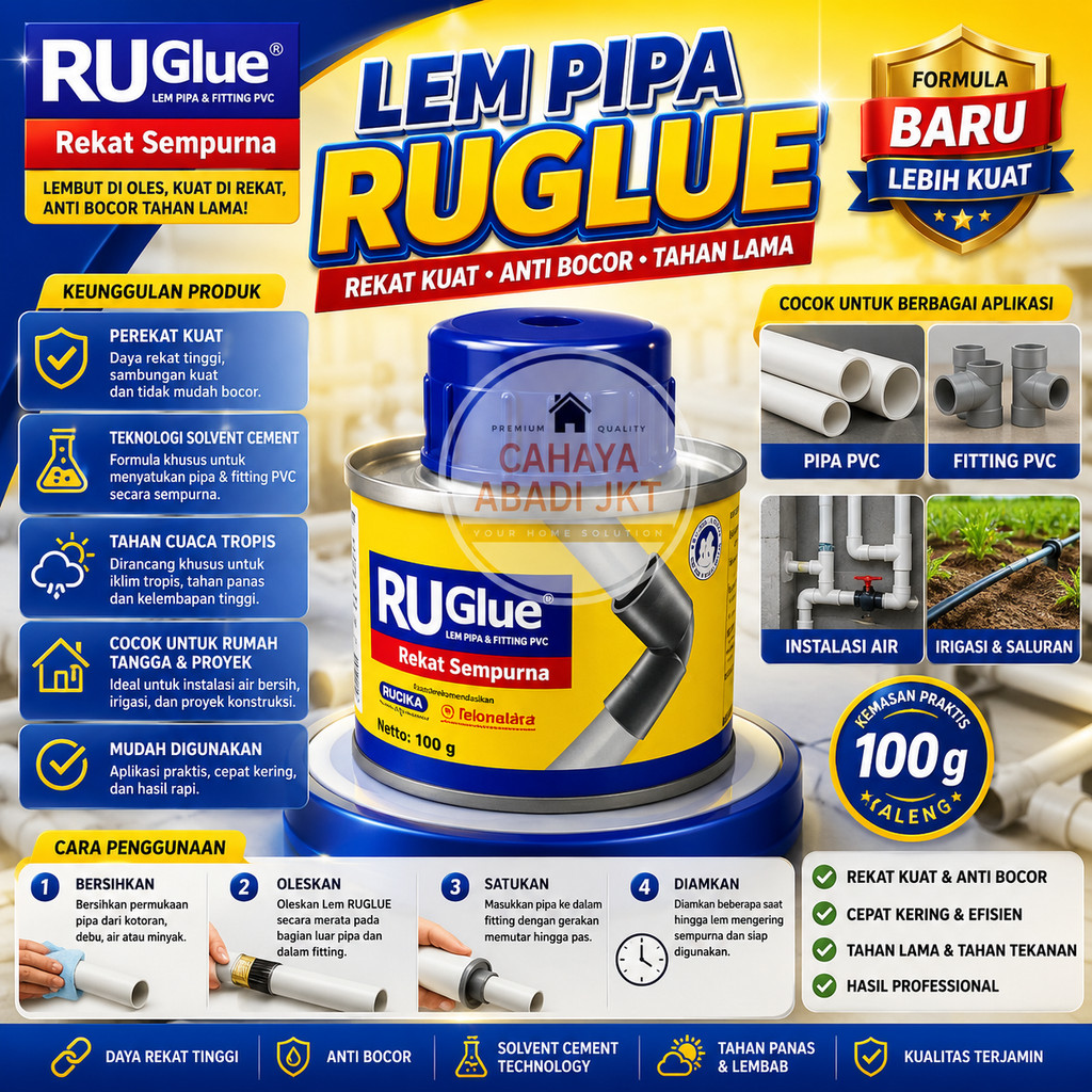 Rucika Lem PVC RUGlue 100gr - Perekat Pipa & Sambungan PVC Solvent Cement - Cocok untuk Rumah Tangga