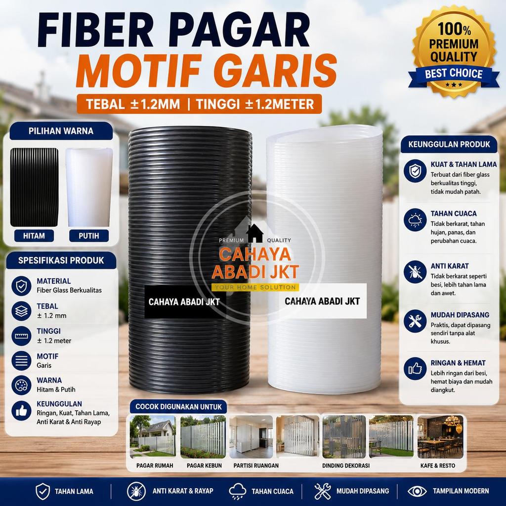 FIBER GLASS PAGAR HITAM GARIS LEBAR 120 CM tebal ±1.2mm  Hitam Putih | Fiber Glass Pagar Rumah Anti 