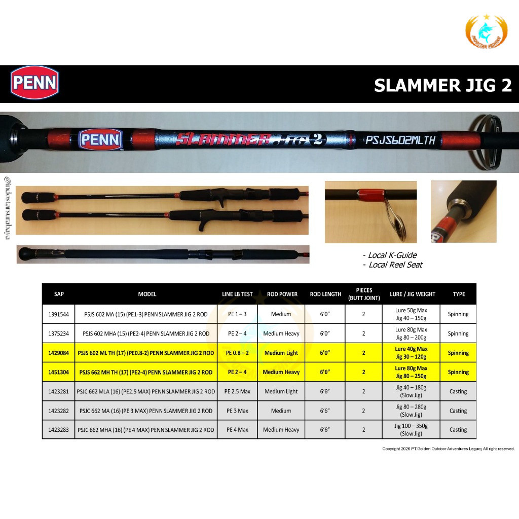 Indostar Surabaya Joran Pancing PENN Slammer Jig 2 C662ML PE 2.5 PE 3 Slow Jigging Mancing Overhead