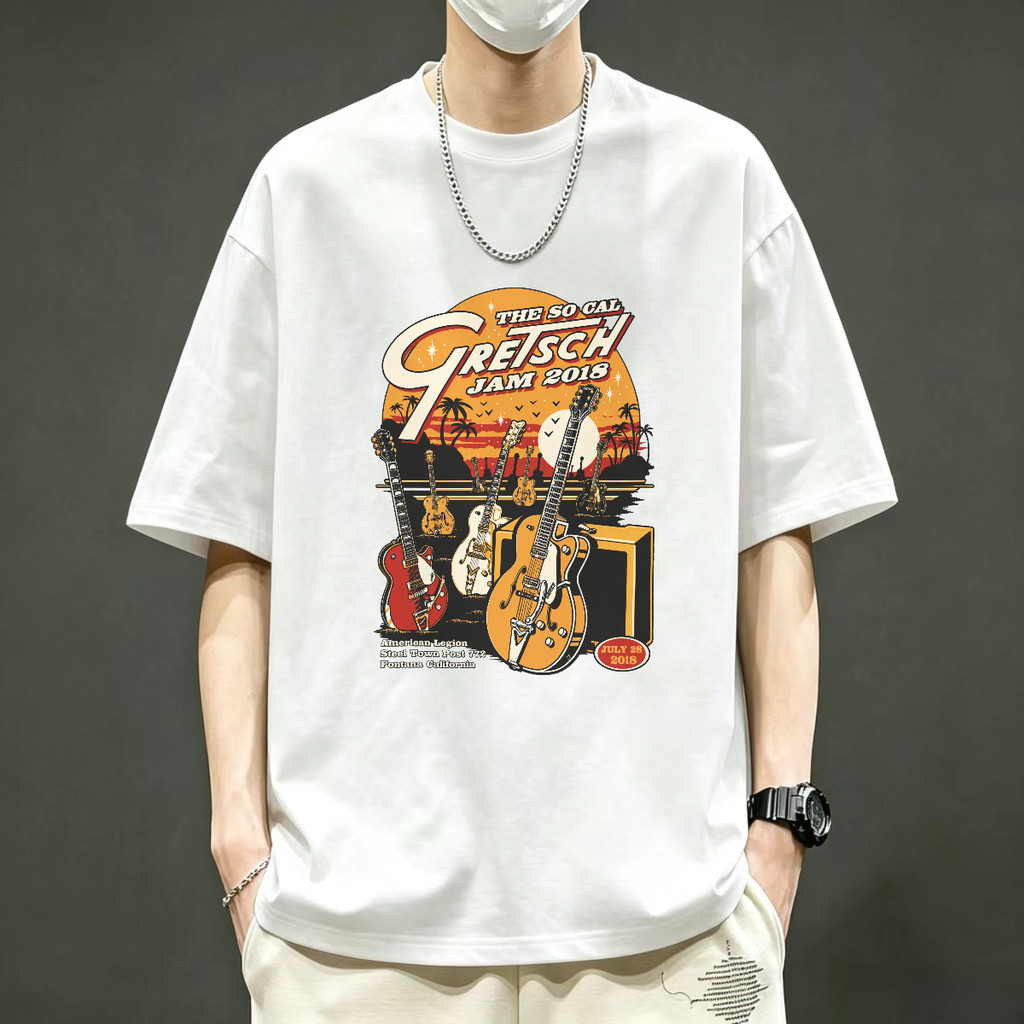 Kaos Band Vintage Gretsch Jam 2018 American Style Kaos Pria T Shirt Oversize Motif Gitar Musik Retro