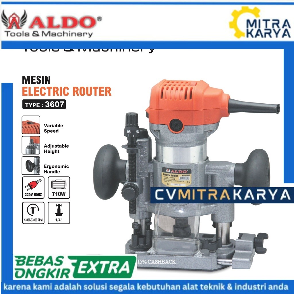 ALDO Type 3607 Mesin Electric Router Kayu | Wood Router Mesin Profil Kayu Trimmer Pembentuk Profil U