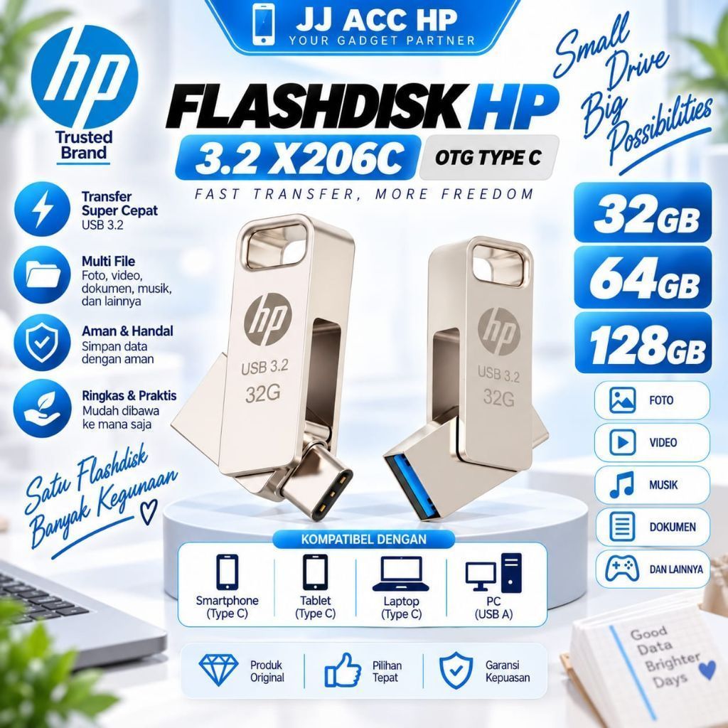 FLASHDISK HP 32GB 64 GB 128GB  X206C OTG TYPE C FLASHDISK OTG DUAL PORT