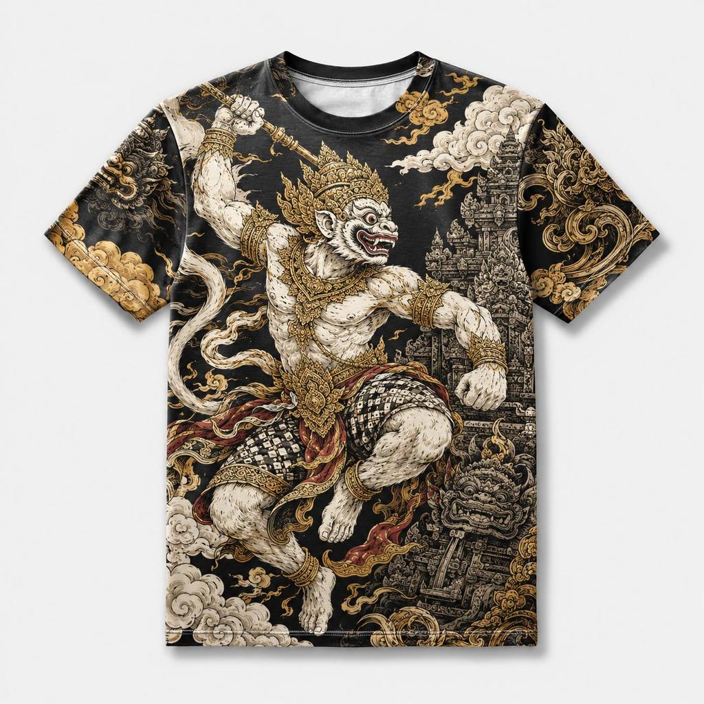 Kaos Pria Oversize Hitam Baju Kaos Cowok Lengan Pendek Motif Hanoman Kera Putih Wayang Mitos Graphic