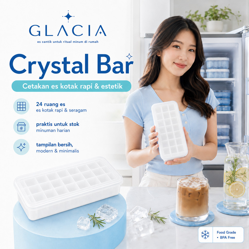 GLACIA Crystal Bar Cetakan Es Batu Kotak 24 Lubang Ice Cube Tray dengan Tutup
