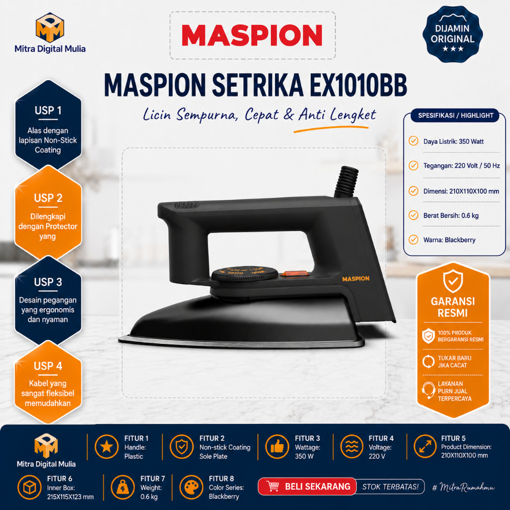 Maspion EX1010BB Setrika Listrik Otomatis 350 Watt Alas Anti Lengket Double Protector Thermostat The