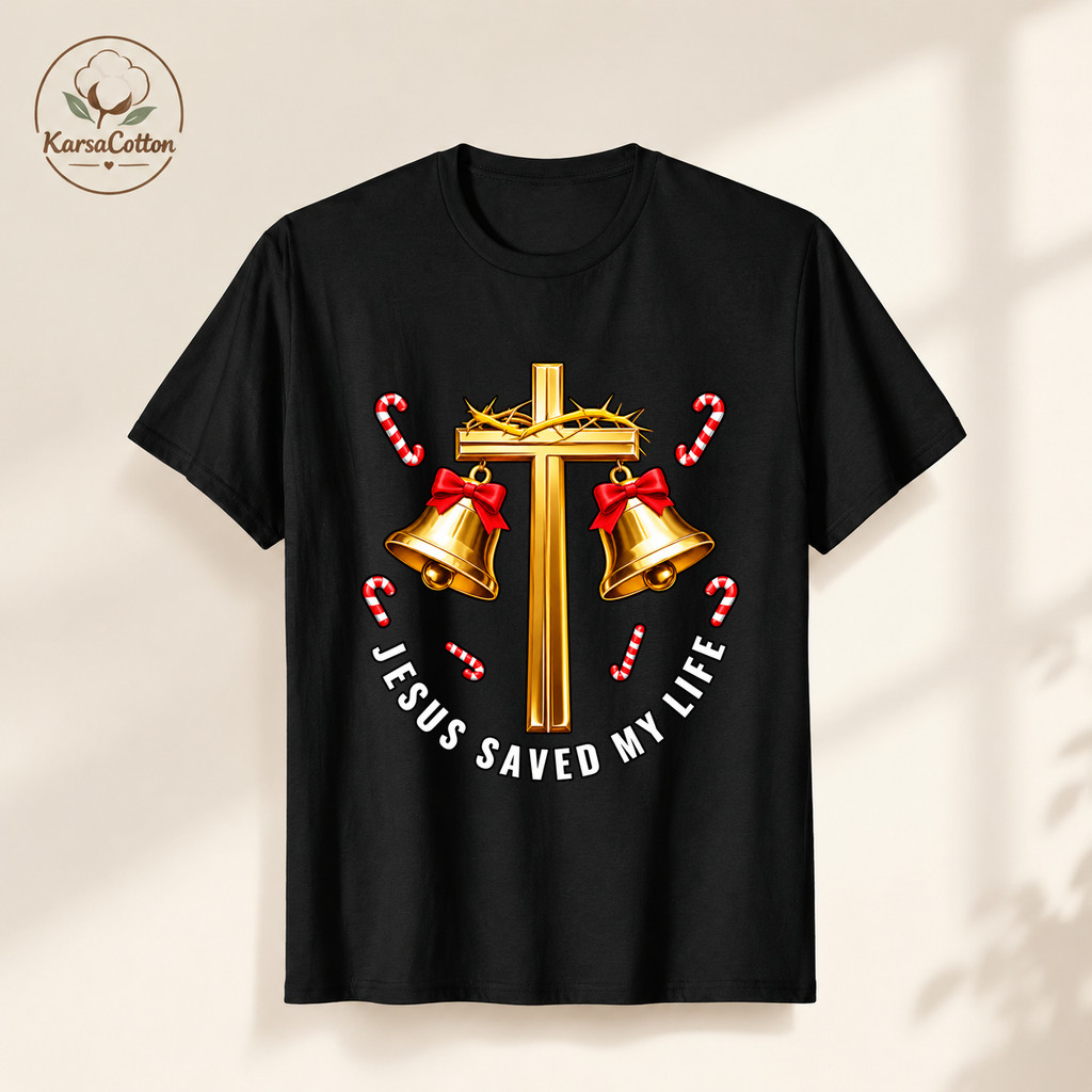 COD KarsaCotton Kaos Natal Pria Wanita Edisi Terbatas Tema Yesus Selamat Desain Salib Emas Lonceng C