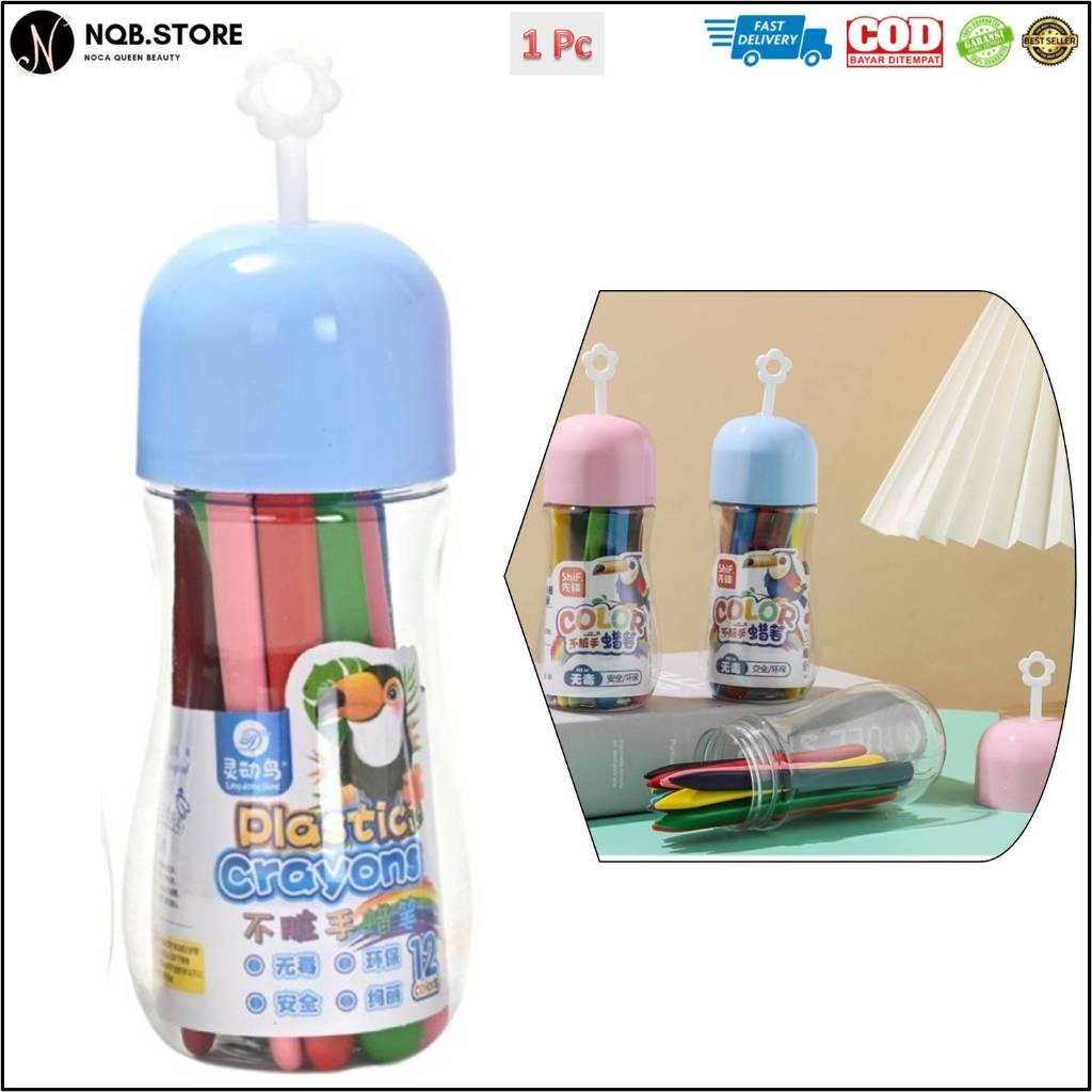 

NQB - Crayon Erasable Bisa Di Hapus isi 12 Pcs - Krayon Alat Gambar Mewarnai Anak Set Kemasan Botol Warna Warni Color Drawing