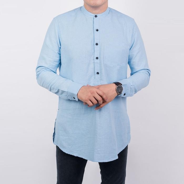 [SALE] Baju Koko Kemeja Pria Kurta Pakistan Baju Muslim Biru Muda Oxford - Biru Muda, M