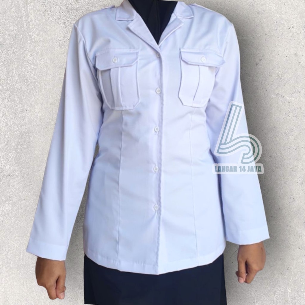 Rady_Stock BAHAN PREMIUM Baju Seragam Kemeja Putih PNS Wanita Panjang Blus ASN PEMDA PDH PUTIH rKq