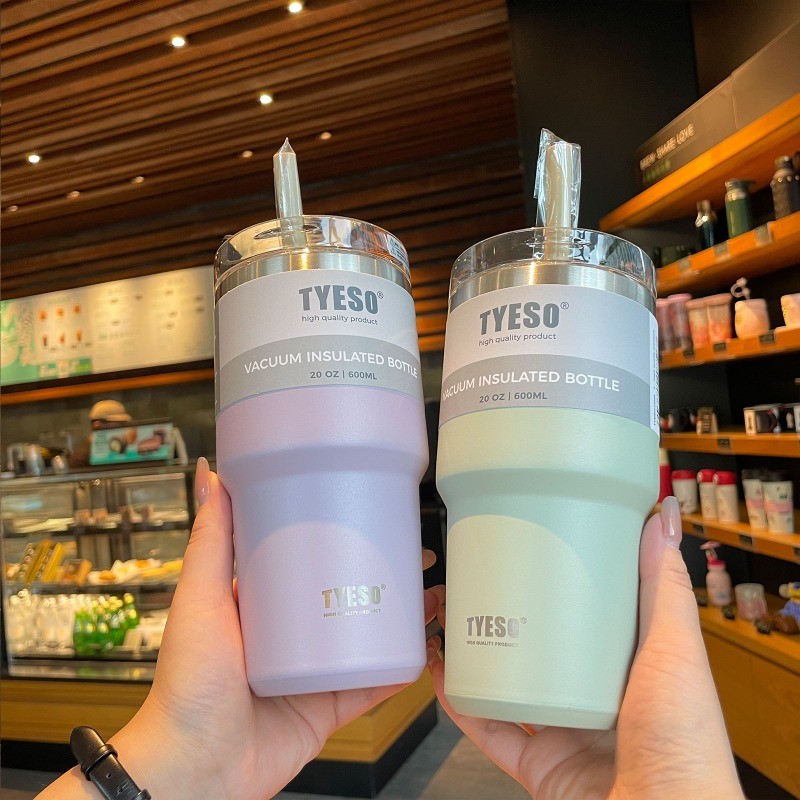 Tyeso 600/890ML Stainless Steel Coffee Mug With Straw Car Water Bottle Vacuum Flask Tumbler Insulate
