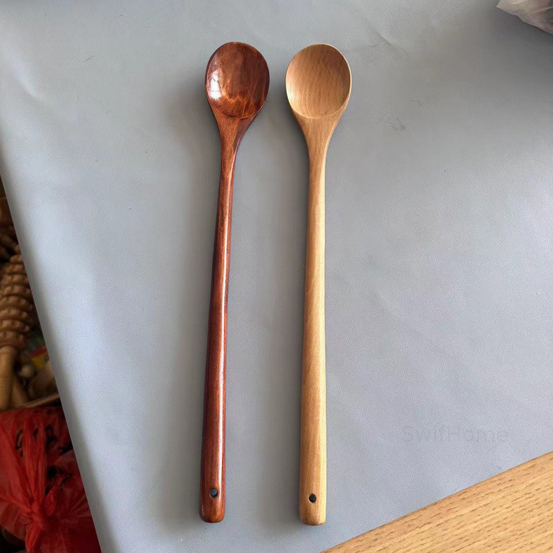 SwifHome Sendok Kayu Nasi Campur Hot Pot Sendok Kayu Gagang Panjang Gaya Jepang Sendok Sup Kayu