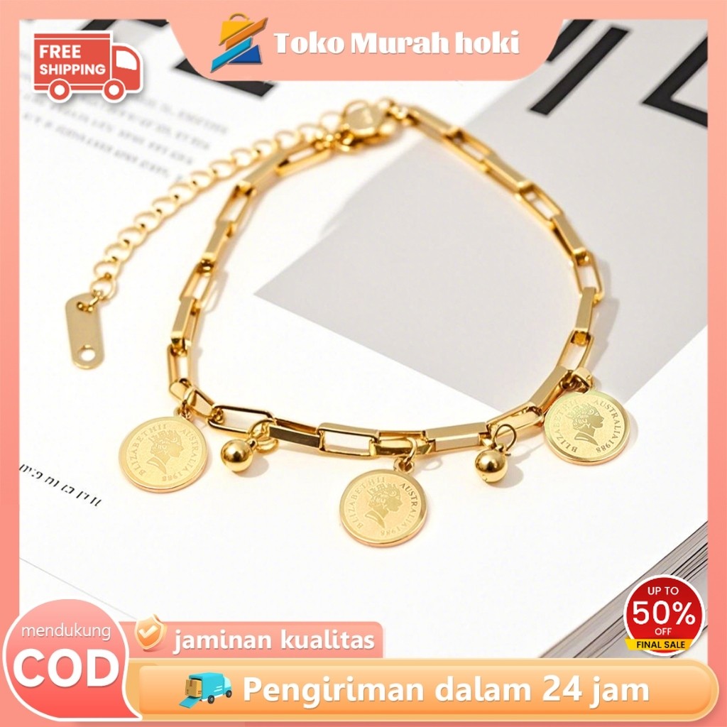 Gelang Koin Titanium Gelang Koin Ratu Elisa Fashion Rantai Tangan Koin Trending Perhiasan Wanita