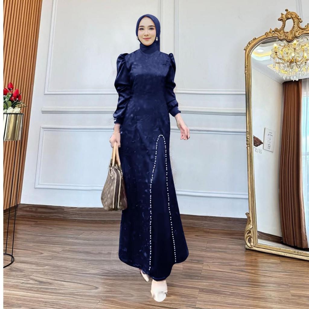 [Padu Dress] Gamis Brukat Jumbo Warna Navy – Gamis Pesta & Kondangan Elegan Muslimah