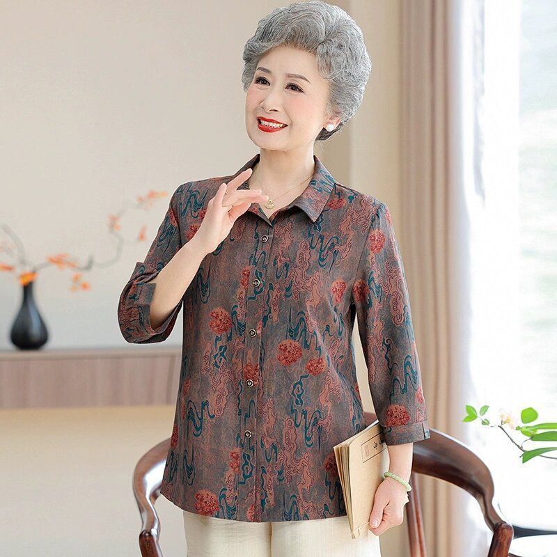 Mid-seniors musim panas nenek kasual kaos flip ibu baju pencetakan senior top set