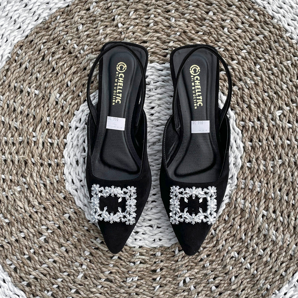 GALAXY Sepatu Flat Slip On Mules Wanita Hak Tahu 2cm Terbaru|Sepatu Pesta Wanita Casual Manik-Manik 