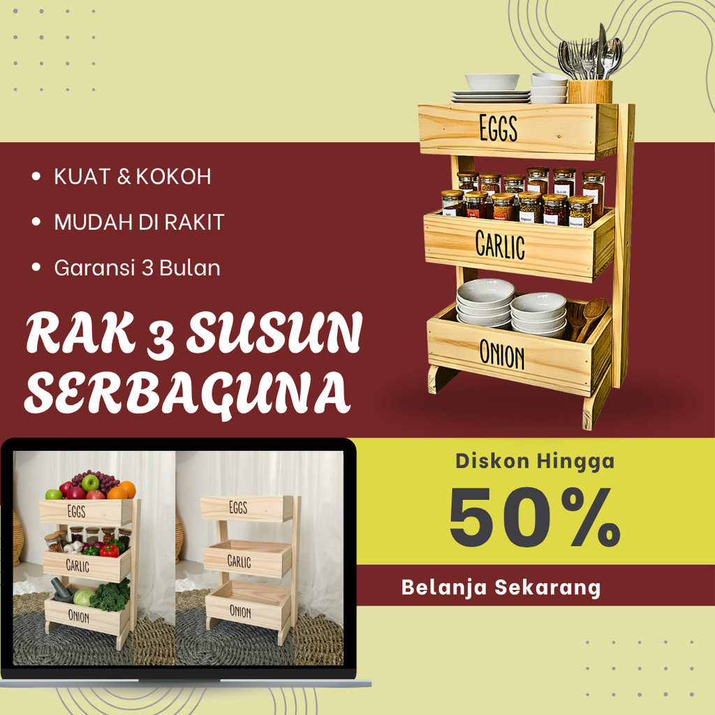 RAK BUMBU SAYUR 3 SUSUN BAHAN KAYU JATI BELANDA
