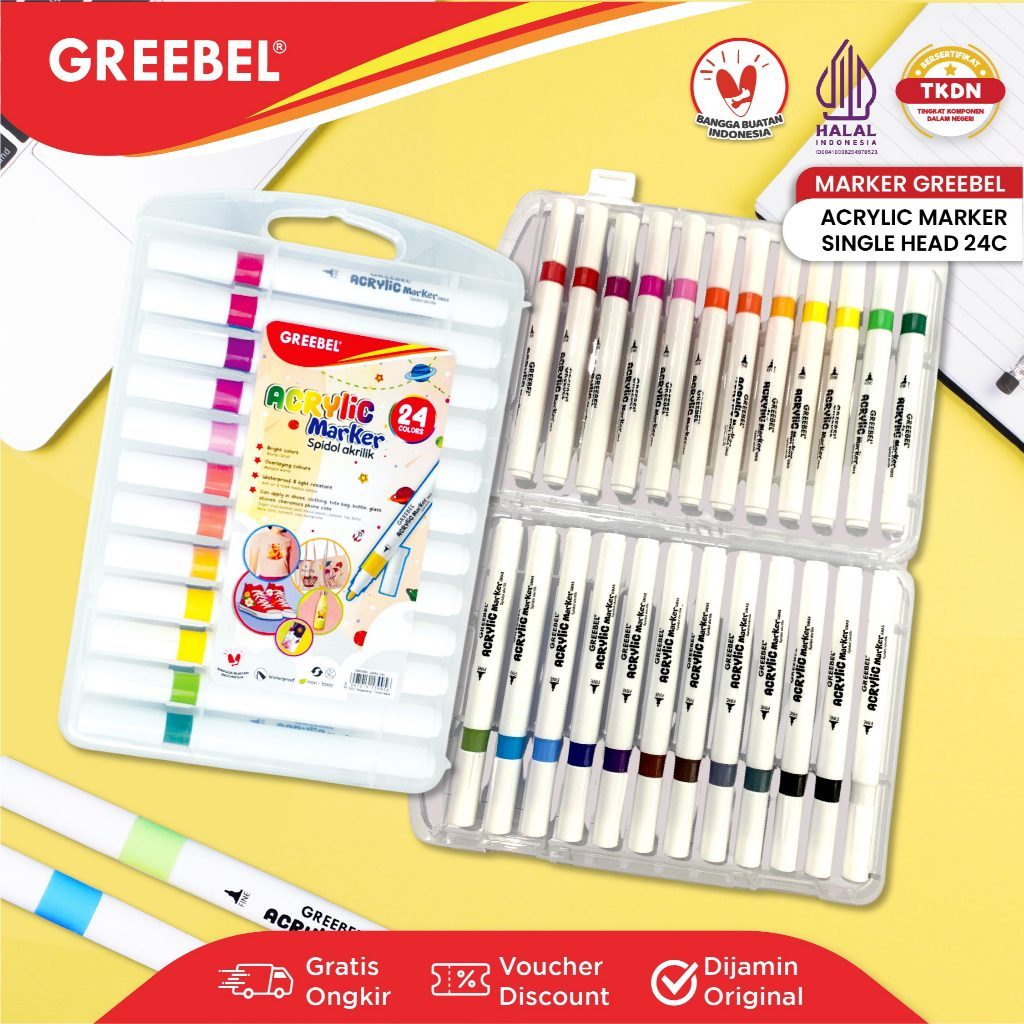 GREEBEL Spidol Marker Acrylic Single Head (24 Warna) / Spidol Warna / Sketch Marker / Spidol Set War