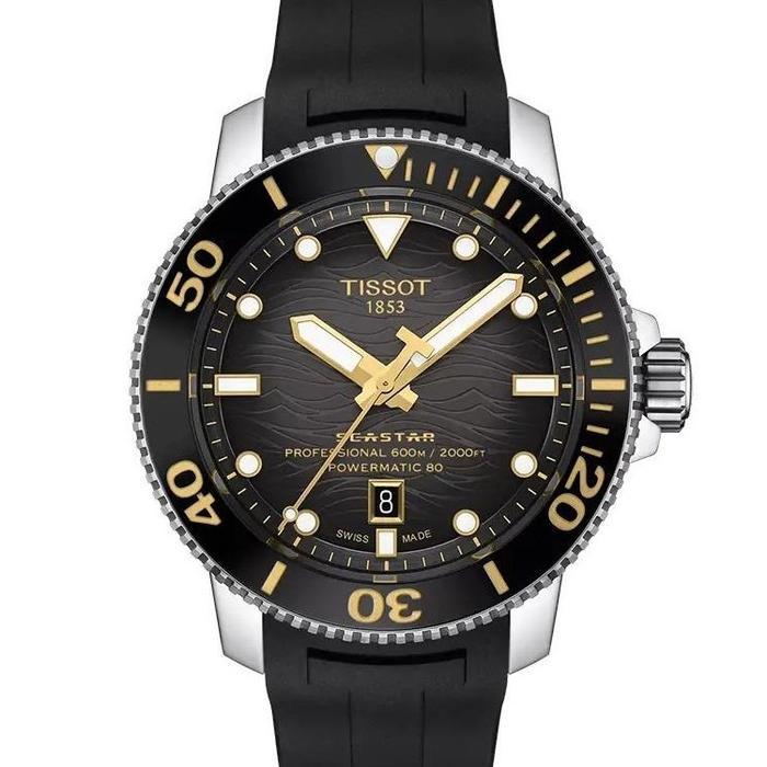 Tissot Seastar 2000 46mm Powermatic Black Gold Dial Rubber Bracelet Jam Tangan Pria Automatic Origin
