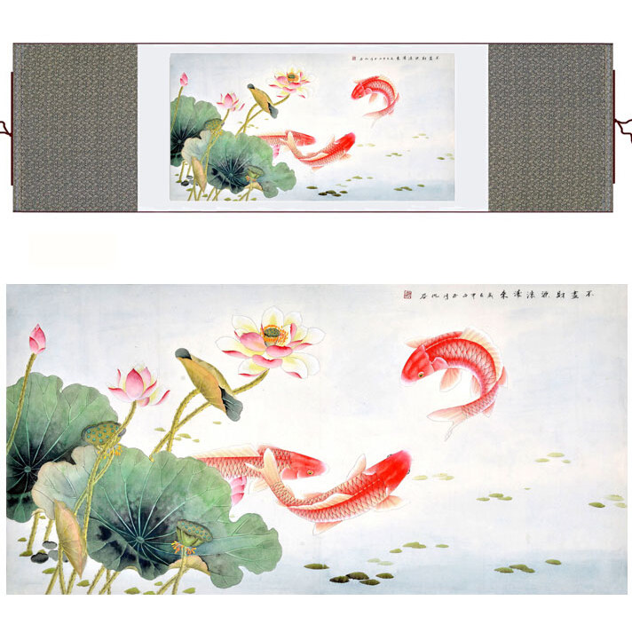 Fish painting Silk painting traditional art Chinese painting   fish  and flower paintingPrinted pain