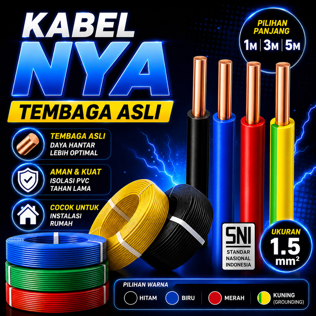 Kabel Listrik NYA 1.5mm Kabel Tembaga Inti Tunggal PVC SNI 1M 3M 5M Kabel Instalasi Rumah Grounding 