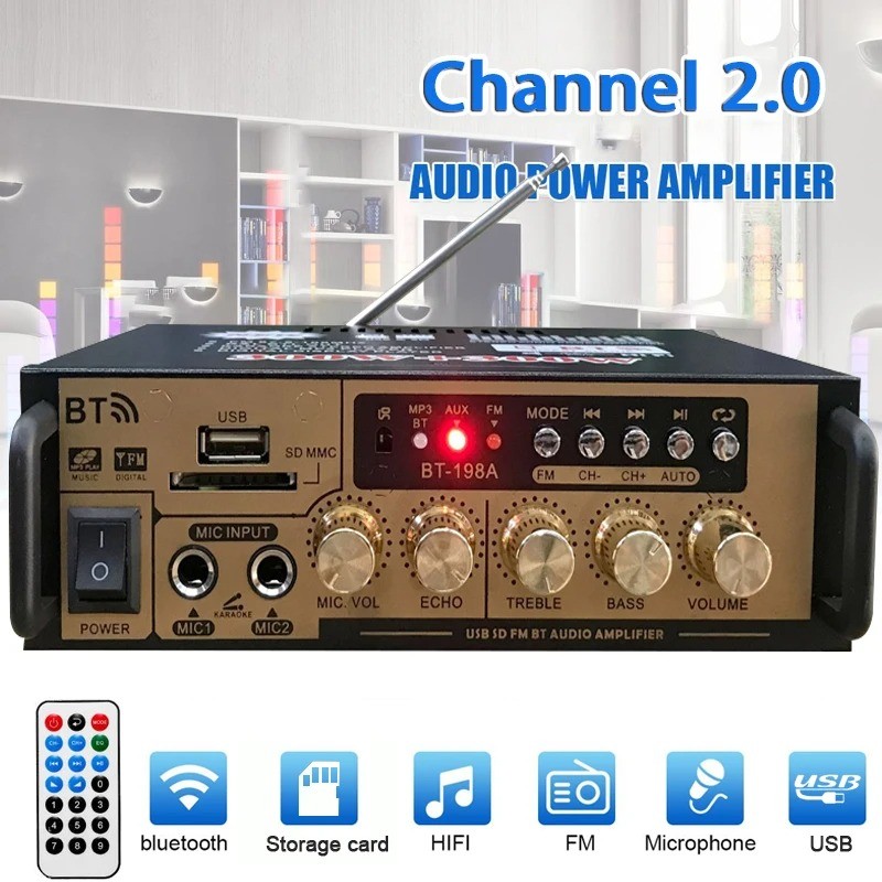 POWER AMPLIFIER WIRELESS KARAOKE FLECO BT-198 Amplifier Audio Stereo 2 Channel Bluetooth AMP FM USB 