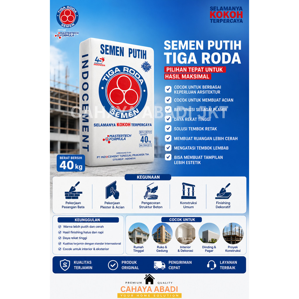Semen Putih Tiga Roda 40 Kg Original | Semen Putih Premium untuk Acian, Plamir, Nat Keramik & Finish