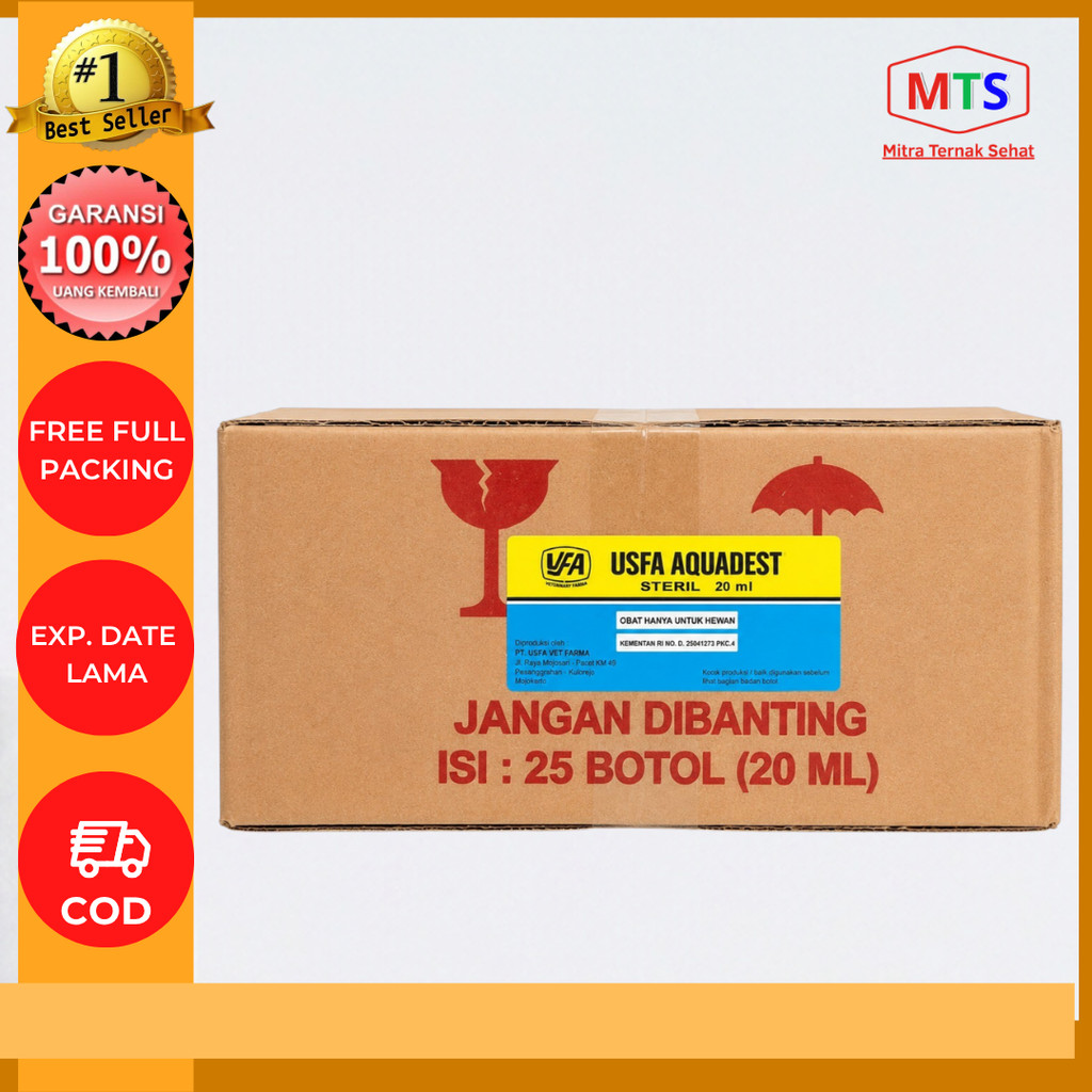 USFA AQUADEST 20 ML 1 BOX ISI 25 PCS - Aquades Air Steril Destilated Water untuk Pelarut Vaksin & Pe