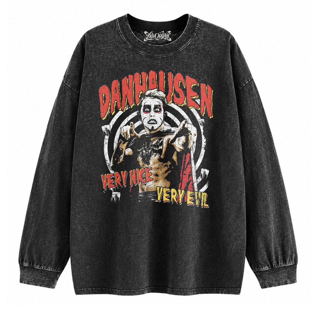 ZADA NAJAH Kaos Oversize Longsleeve Stone Black Washed Danhausen Wwe Vintage Graphic Tee Unisex Prem