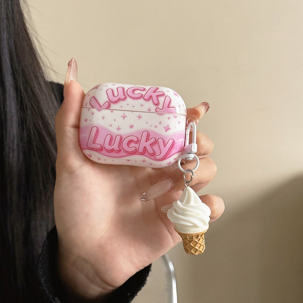Cute Pink Lucky Letter Earphone Case With Ice Cream Pendant Shockproof Protective Cover For AirPods 