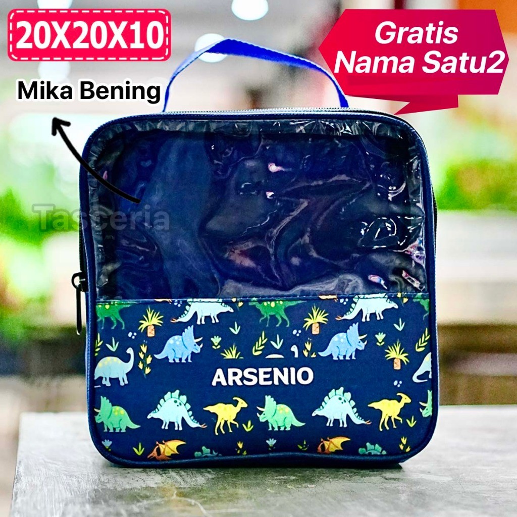Tas Snack Ultah Anak Tas Mika polyster Motif  Dino Navy
