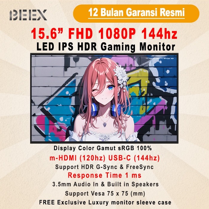 Portable Monitor BeeX 15.6" Premium Gaming 1080P 144Hz Portable Monitor HDMI USB C