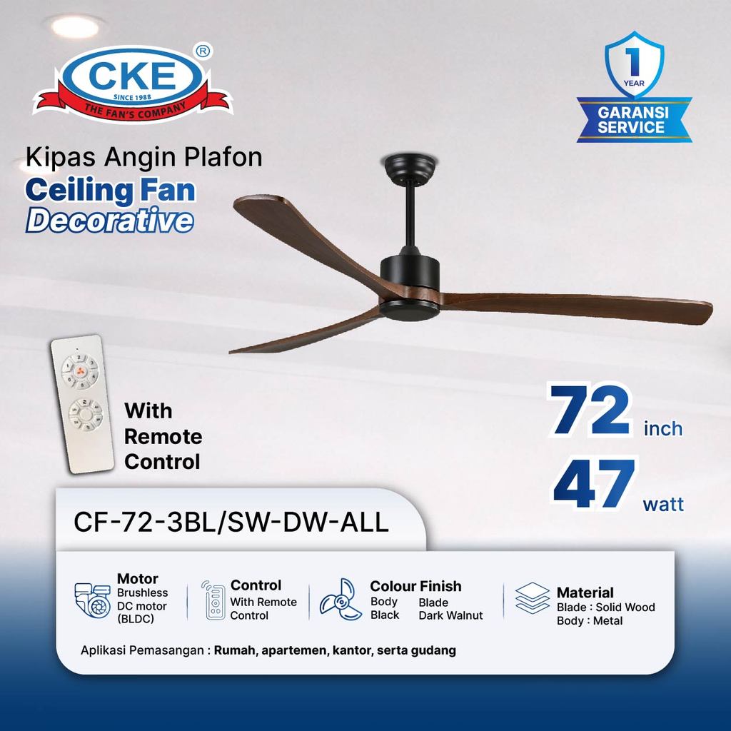 CKE Ceiling Fan Decorative Kipas Plafon Gantung 72 Inch 220V Remote Solid Wood Dark Walnut – Ceiling