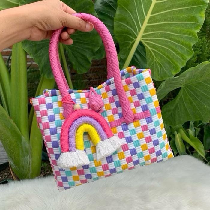 [Mirae Bag] Tas Anyaman Plastik Jali Premium Tote Bag Mini untuk Perempuan dengan Desain Pelangi Luc