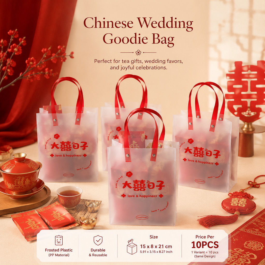 10 Pcs Tas Goodie Bag Doff Shuang Xi Transparant Pvc Frosted Hand Bag Tote Hampers Souvenir Wedding 