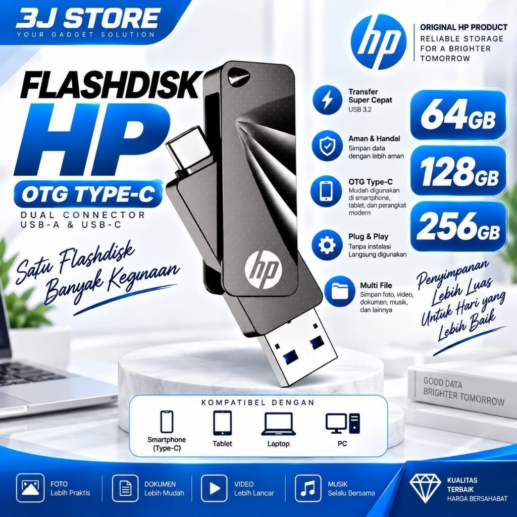 FLASHDISK HP 64GB 128GB 256GB 3.2 762C OTG TYPE C /FLASHDISK DUAL KONEKTOR UNTUK SMARTPHONE DAN LAPT