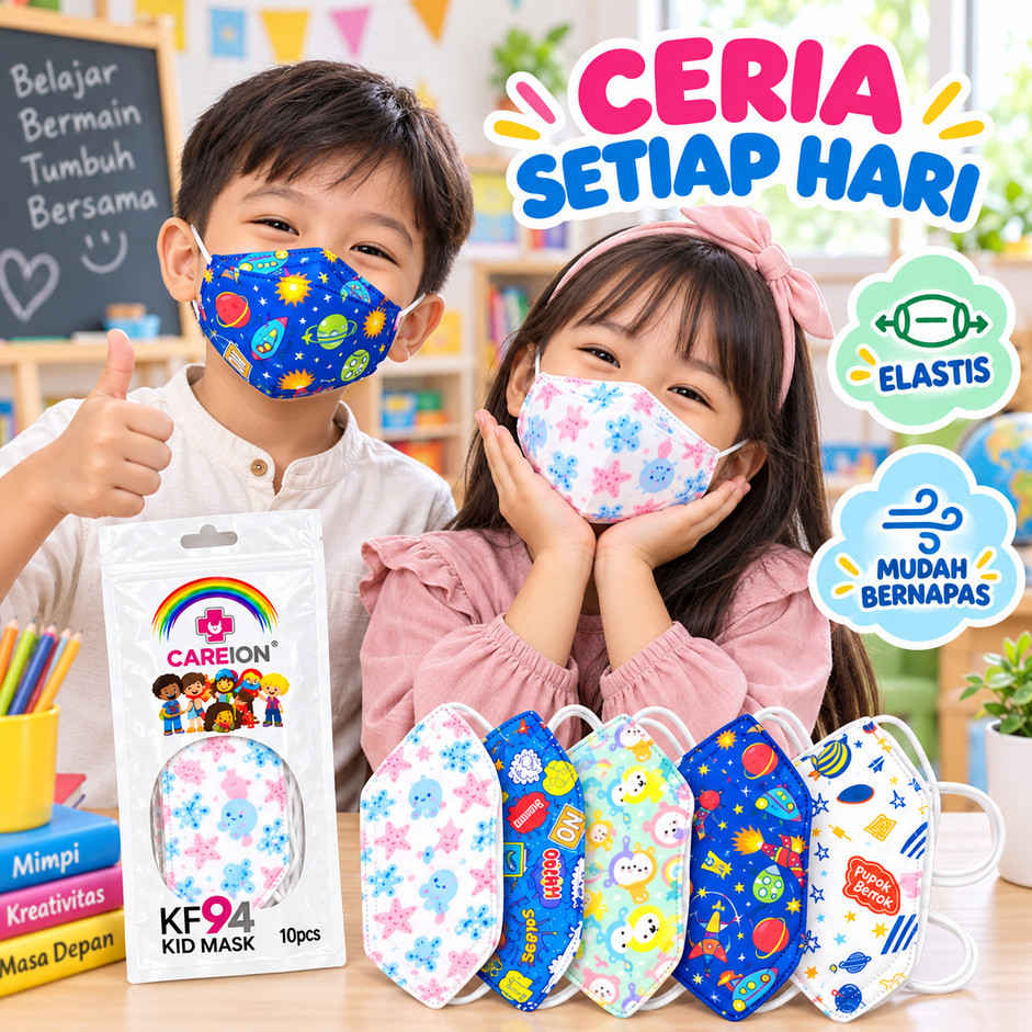 CAREION KF94 Kids Mask 4 Ply Isi 10 Masker Karakter Pelangi Soft